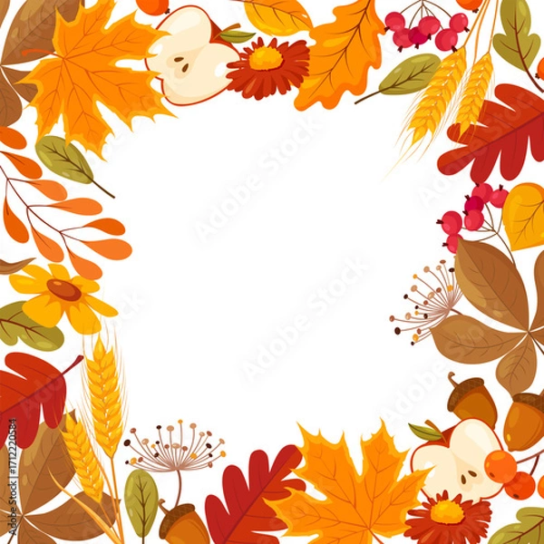 Fototapeta Illustration of a square frame made of autumn elements, including leaves in various shades of orange, red, and brown, apples, acorns, flowers, and wheat stalks isolated on a white background.