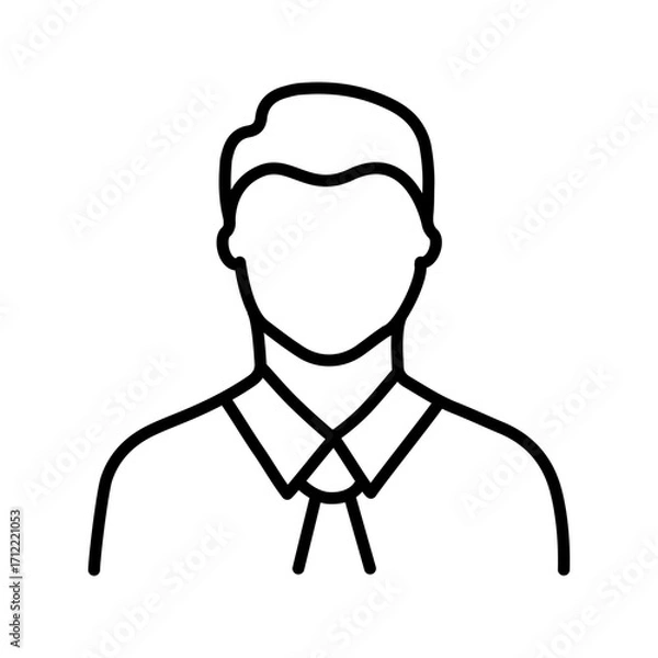 Fototapeta Minimalist line art icon of a man, simple contour of hair, face, and attire with a collared shirt and tie, isolated on white background. Vector illustration symbolizing businessman, office worker