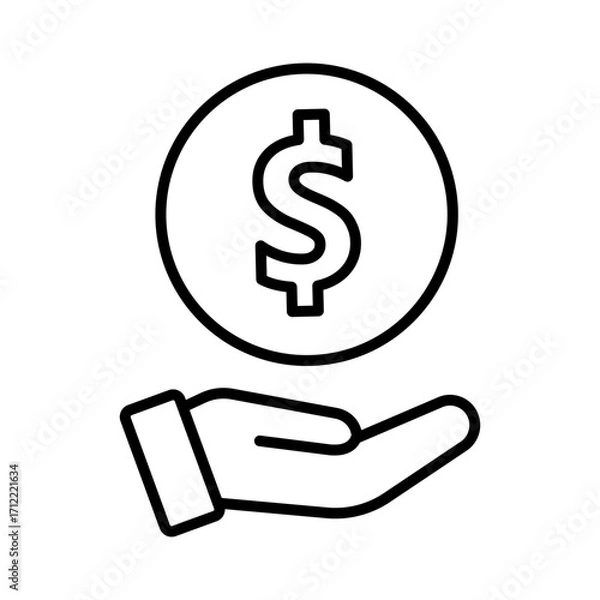 Fototapeta A minimalist line art icon of hand holding a coin with a dollar sign on it isolated on white background. Vector illustration representing finance, money savings, banking, business investment, etc