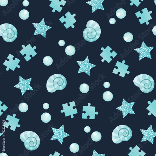 Fototapeta Vector seamless pattern with shells, stars, puzzle pieces and bubbles on a dark blue background, flat illustration.