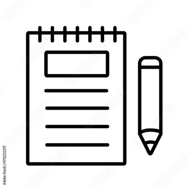 Fototapeta A minimalist line art icon of notepad and pencil isolated on white background. Vector illustration representing notes, writing, education, studying, office work, business planning, creativity, etc.