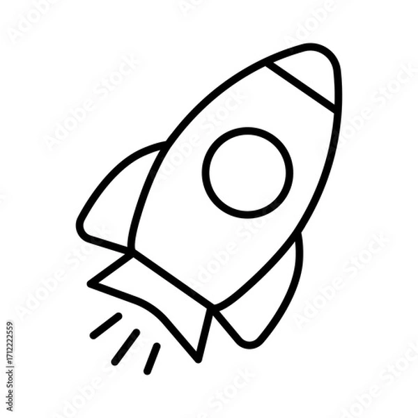 Fototapeta Minimalist line art icon of a rocket ship taking off isolated on a white background. Representing space exploration, innovation, technology, startup, growth, ambition, futuristic concept, etc.