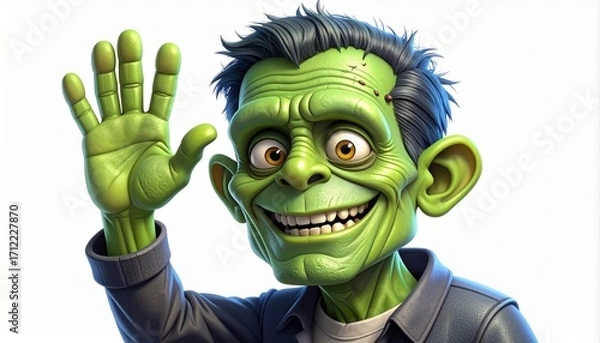 Fototapeta Halloween, Cartoon frankenstein character waving hello with a cheerful smile against a plain white backdrop, creating a friendly and approachable halloween vibe.