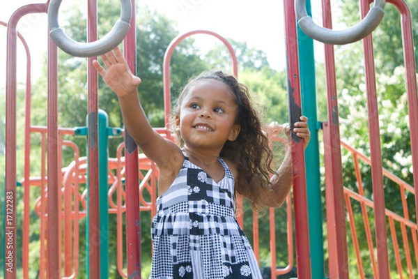 Fototapeta A beautiful mixed race child enjoying the playground