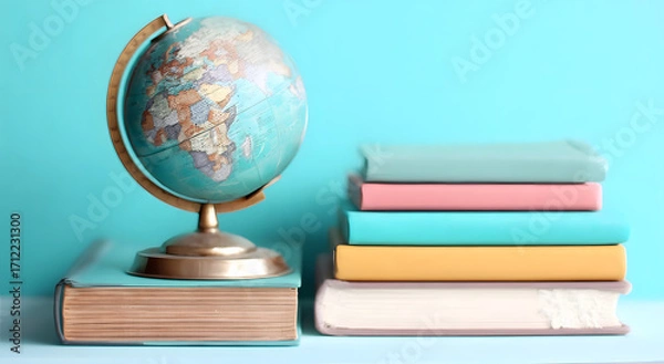 Fototapeta Stack of books with antique globe on top against pastel blue background, suitable for education, learning, and knowledge concepts

