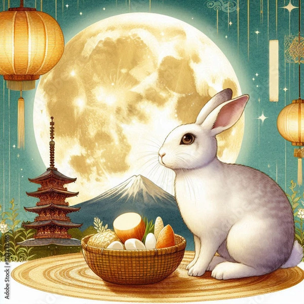 Fototapeta The moon and the rabbit. Moon viewing or Mid-Autumn Harvest Moon. Jugoya or Tsukimi in Japanese
