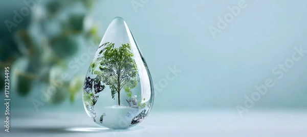 Fototapeta Glass earth sphere floating on water symbolizing fragile planet and environmental protection for World Water Day
