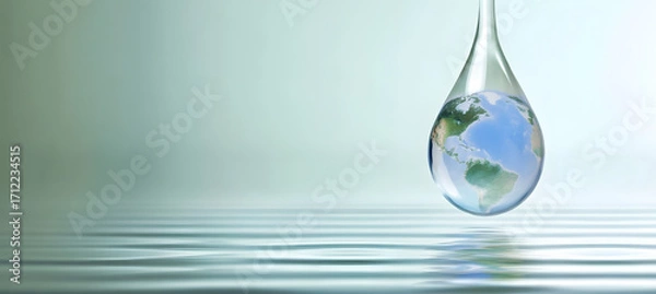 Fototapeta Glass earth sphere floating on water symbolizing fragile planet and environmental protection for World Water Day
