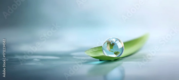 Fototapeta Glass earth sphere floating on water symbolizing fragile planet and environmental protection for World Water Day
