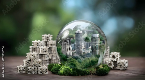 Fototapeta 3D globe with cityscape inside mosaic sphere, lush vegetation, and interlaced gears symbolizing eco-friendly technology and innovation
