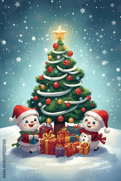 Obraz christmas tree with gifts and snowman