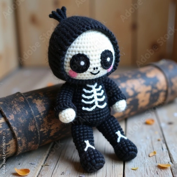 Fototapeta Little skeleton knitting with black yarn