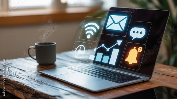 Fototapeta Modern laptop displaying digital marketing icons and analytics charts on a wooden desk with a steaming coffee mug