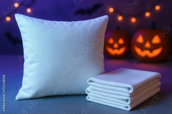Fototapeta Photorealistic mockup of square pillow with Halloween neon glow, pumpkins, and festive cozy background.