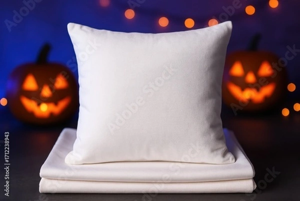 Fototapeta Photorealistic mockup of square pillow with Halloween neon glow, pumpkins, and festive cozy background.