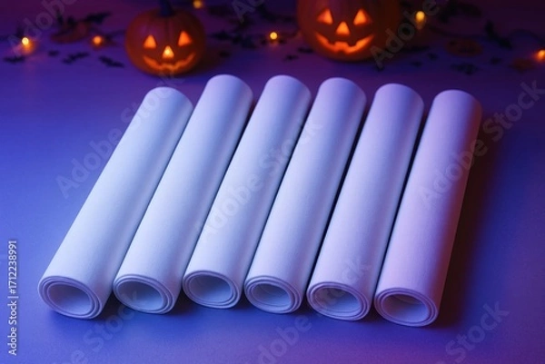 Fototapeta Photorealistic mockup of plain white fabric roll with Halloween neon glow.