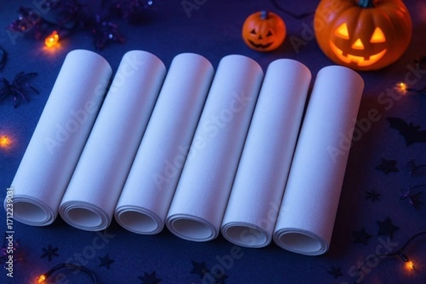 Fototapeta Photorealistic mockup of plain white fabric roll with Halloween neon glow.