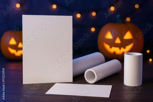 Fototapeta Photorealistic mockup of plain white paper sheets and rolls with Halloween neon atmosphere.