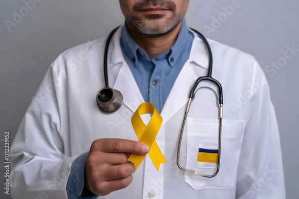 Fototapeta Doctor in white coat holding yellow ribbon, isolated stock photo with transparent background for health awareness campaigns
