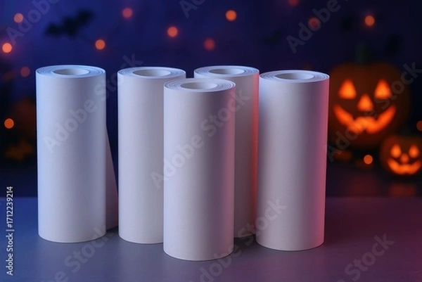 Fototapeta Photorealistic mockup of plain white paper rolls with Halloween neon atmosphere.