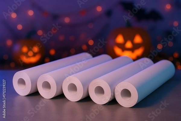 Fototapeta Photorealistic mockup of plain white paper rolls with Halloween neon atmosphere.