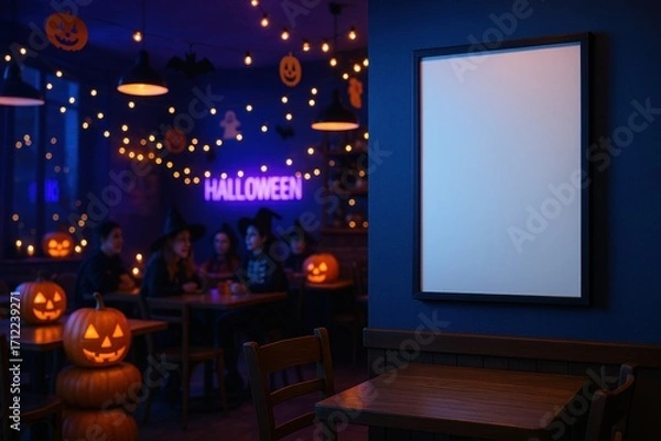Fototapeta Photorealistic mockup of café interior with neon Halloween decorations, pumpkins, string lights, and empty white poster frame.