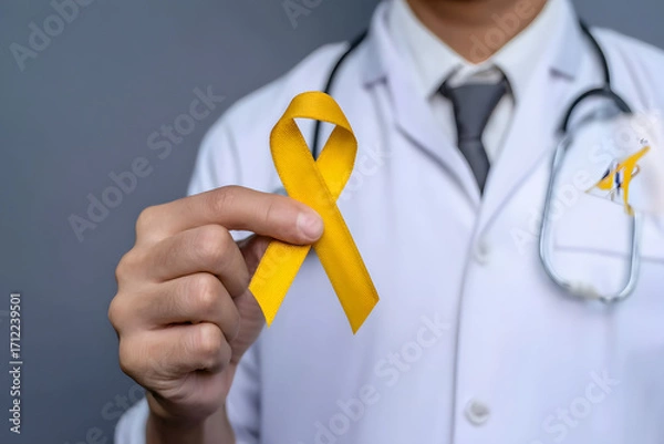 Fototapeta Doctor in white coat holding yellow ribbon, isolated stock photo with transparent background for health awareness campaigns

