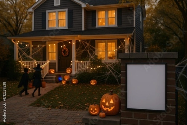 Fototapeta Photorealistic mockup of an American suburban house decorated for Halloween with pumpkins, lights, and children playing in warm autumn evening. Empty white poster frame for customization.