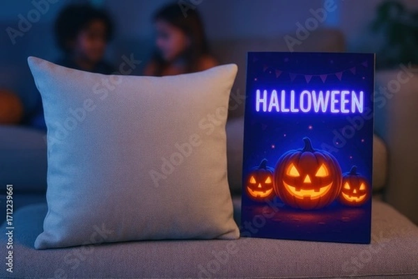 Fototapeta Photorealistic mockup of square pillow with Halloween neon glow, pumpkins, and festive cozy background.