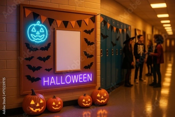 Fototapeta Photorealistic mockup of school corridor decorated with neon Halloween accents, pumpkins, and empty white poster frame on bulletin board.