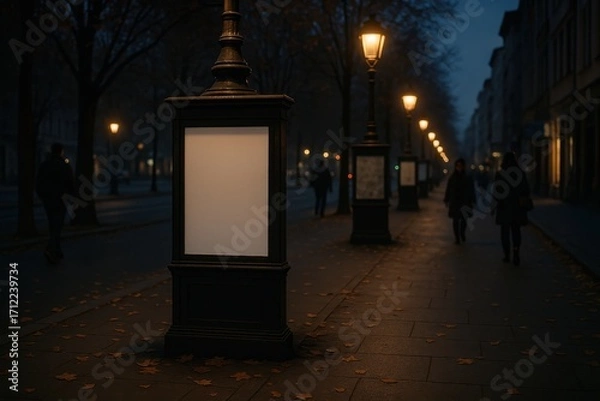 Fototapeta Photorealistic mockup of city street at twilight with lamppost and bulletin board, autumn leaves, pedestrians, and empty white poster frame.