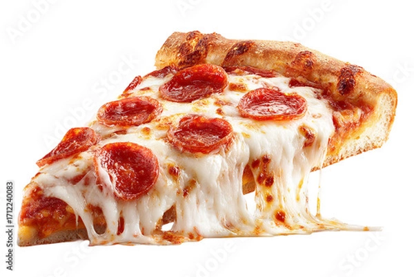 Fototapeta A delicious slice of pepperoni pizza with melted mozzarella cheese isolated on transparent background