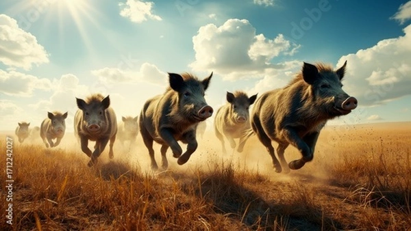 Obraz Lots of wild boars are running in the field