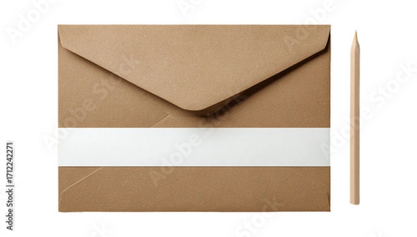 Fototapeta Brown paper envelope with white strip and wooden pencil isolated on transparent background, perfect for invitations
