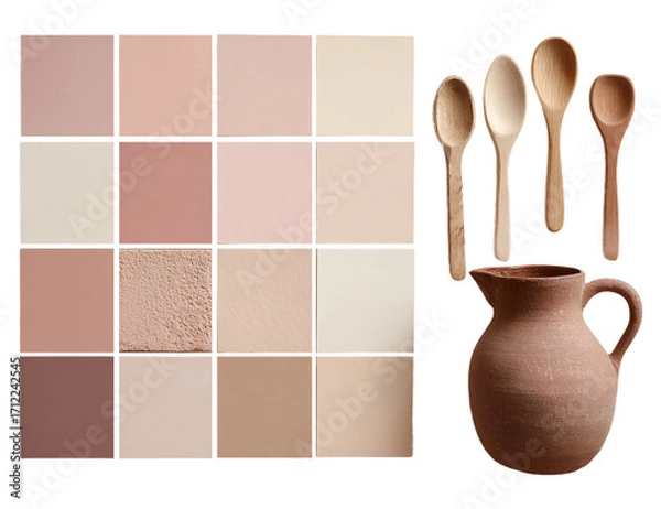 Fototapeta Aesthetic composition of neutral color palette swatches, wooden spoons, and a rustic clay jug isolated on transparent background