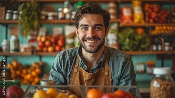 Obraz man seller in grocery store with vegetables