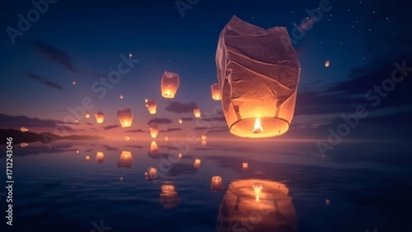 Obraz flying lantern with fire near water