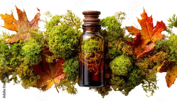 Fototapeta Aromatic oil bottle with moss and autumn leaves isolated on transparent background, embodying natural wellness and aromatherapy