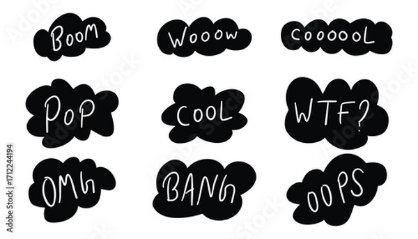 Fototapeta Hand drawn set of dialog speech bubble with text. speech bubbles in comic text. hand drawn comic text doodle style. cool, omg, ban, boom, woow, oops