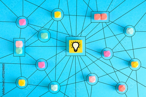 Obraz Business concept networking with members connected to each other. Communication, teamwork, community, society. Abstract concept with wooden pieces on blue background. Stock photo.