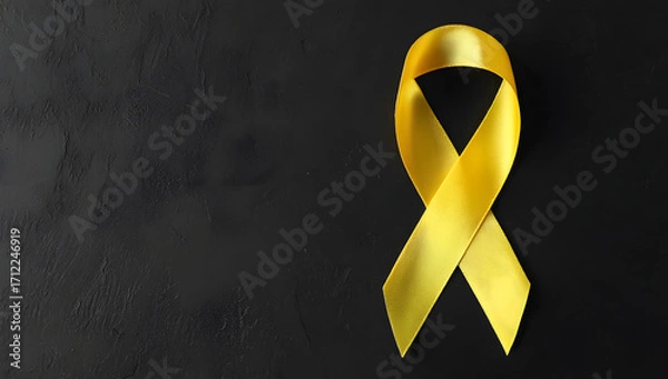 Fototapeta Yellow ribbon on black background, symbolizing cancer awareness and support with copy space for health campaigns and title banners
