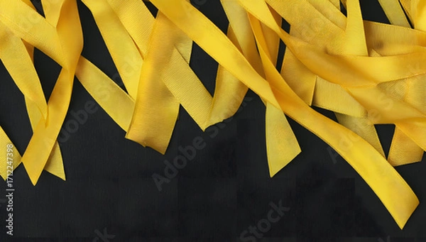 Fototapeta Yellow ribbon on black background, symbolizing cancer awareness and support with copy space for health campaigns and title banners

