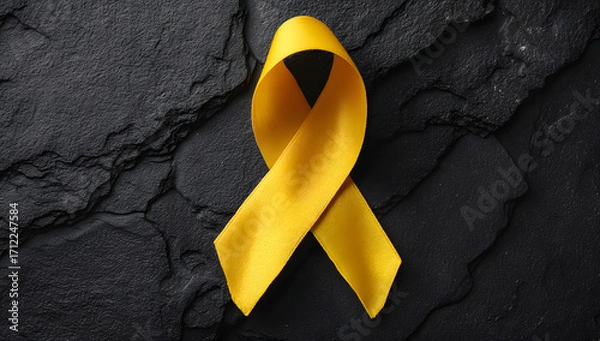 Fototapeta Yellow ribbon on black background, symbolizing cancer awareness and support with copy space for health campaigns and title banners
