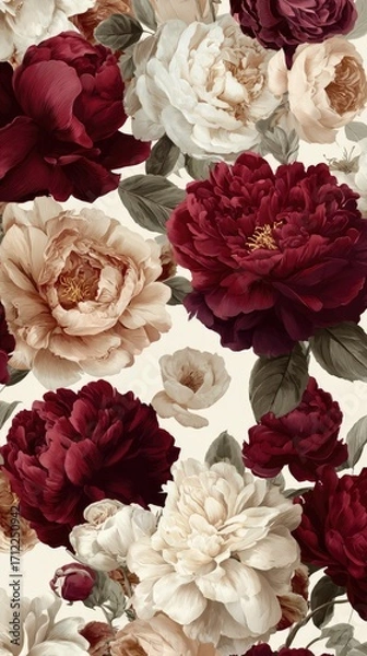 Fototapeta A lush floral pattern featuring crimson and blush peonies, interspersed with greenery, on a creamy backdrop