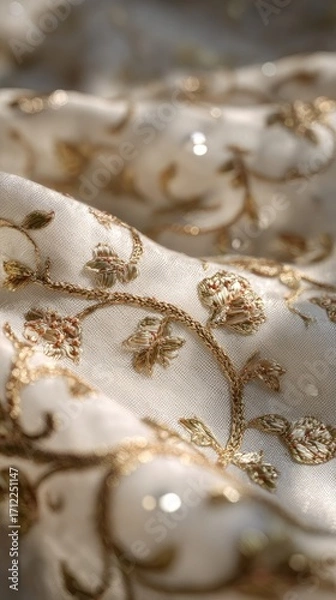 Fototapeta Close-up of ivory fabric with gold embroidered floral pattern, soft light highlighting the texture and detail of the intricate stitching