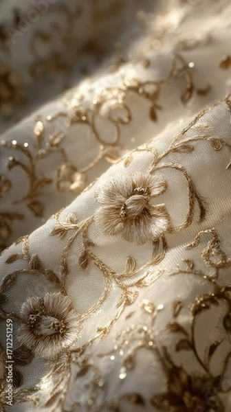 Fototapeta Close-up of ivory fabric with delicate gold embroidery, showcasing a textured, flowing drape and intricate floral patterns illuminated by soft, natural light