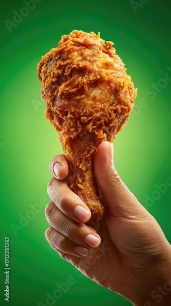 Fototapeta A hand holds a crispy, golden-brown fried chicken drumstick against a vibrant green backdrop.  The lighting accentuates the texture and the overall appeal of the food