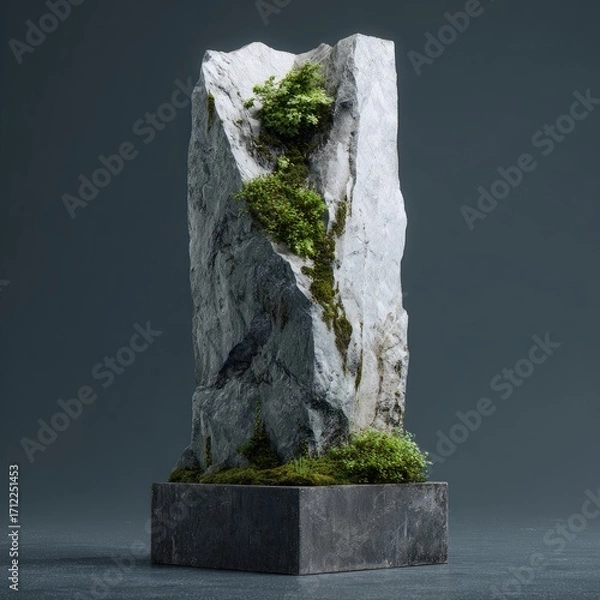 Fototapeta A digitally rendered, tall, light grey stone column with crevices, sits on a dark square base.  Small green plants and moss are nestled within the rock's fissures
