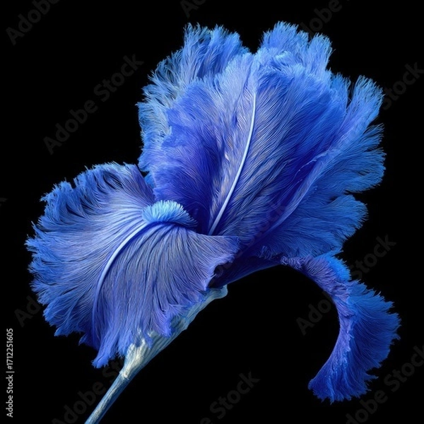 Fototapeta A vibrant blue iris blossom, its petals resembling soft feathers, is elegantly presented against a stark black backdrop.  The image showcases intricate detail and texture
