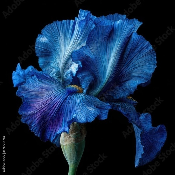 Fototapeta A vibrant blue iris blossom, dramatically lit against a stark black background, showcases its intricate ruffled petals and subtle color variations
